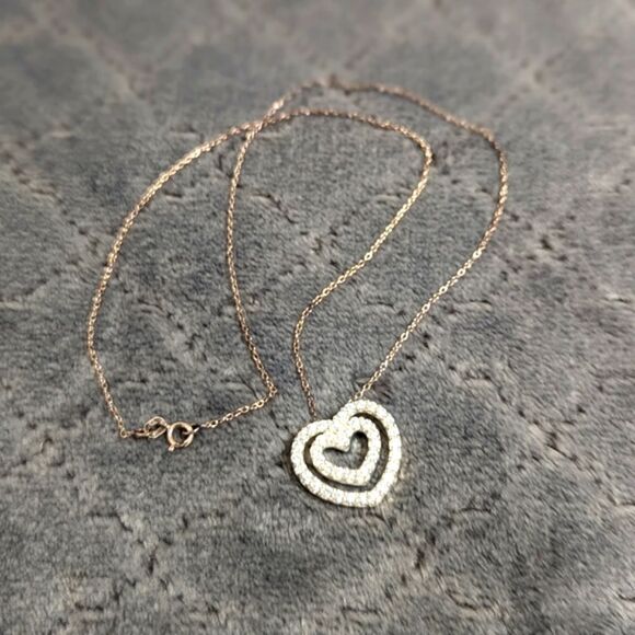 Vintage Sterling Silver & Cubic Zirconia Double Heart Necklace - Picture 10 of 15